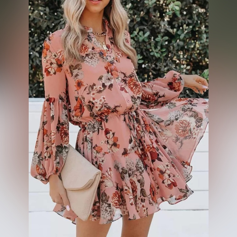 Women’s Floral Print V-Neck Sleeve Dress Button Down Ruffle Flowy Dress Size XL